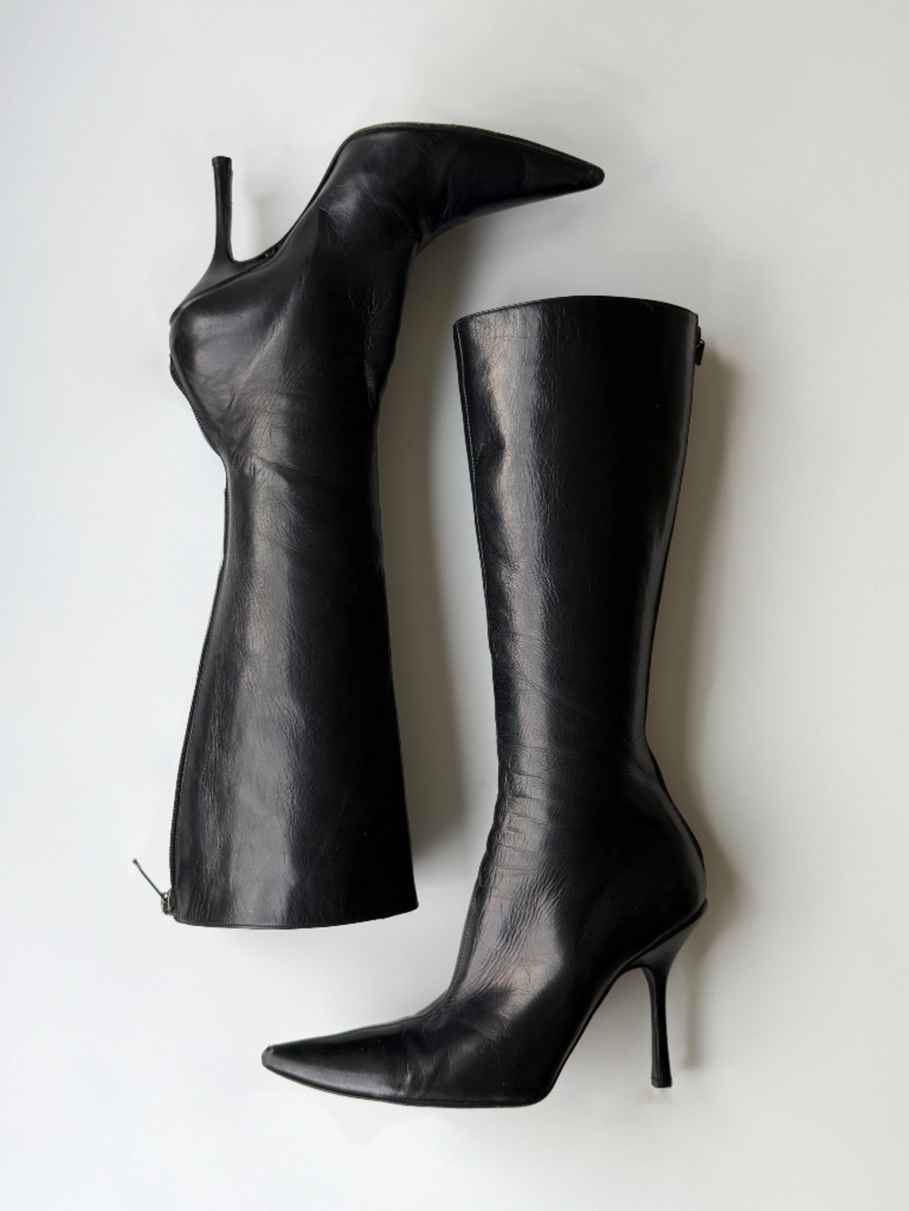 Vintage Jimmy Choo Black Leather Pointed-Toe Knee-High Boots, IT 37.5 (6.5-7)